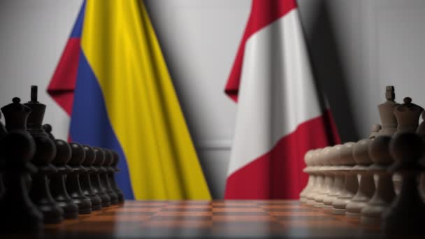 Flags of Colombia and Peru behind pawns on the chessboard. Chess game or political rivalry related 3D animation — Stock Video