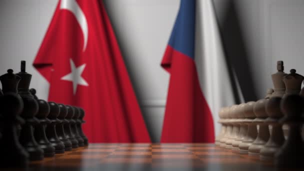 Flags of Turkey and the Czech Republic behind pawns on the chessboard. Chess game or political rivalry related 3D animation — 비디오