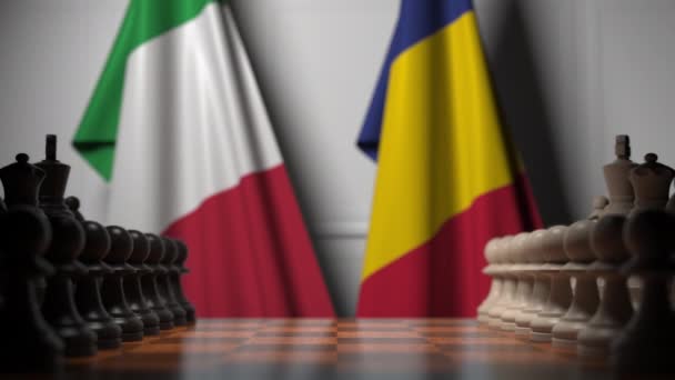 Banderas de Italia y Rumania detrás de peones en el tablero de ajedrez. Juego de ajedrez o rivalidad política relacionada con la animación 3D — Vídeo de stock