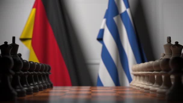 Flags of Germany and Greece behind pawns on the chessboard. Chess game or political rivalry related 3D animation — Stock Video