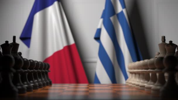 Banderas de Francia y Grecia detrás de peones en el tablero de ajedrez. Juego de ajedrez o rivalidad política relacionada con la animación 3D — Vídeo de stock