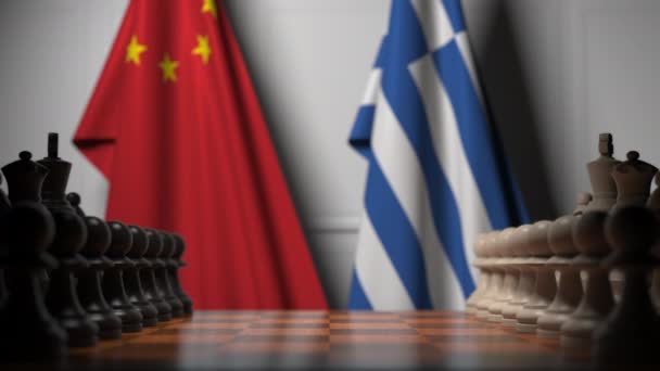 Çin ve Yunanistan bayrakları satranç tahtasındaki piyonların arkasında. Satranç ya da siyasi rekabet ile ilgili 3 boyutlu animasyon — Stok video