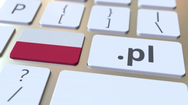 Polská doména .pl a vlajka Polska na tlačítkách na klávesnici počítače. Národní internet související 3D animace — Stock video