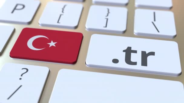 Turkish domain .tr and flag of Turkey on the buttons on the computer keyboard. National internet related 3D animation — Stock Video