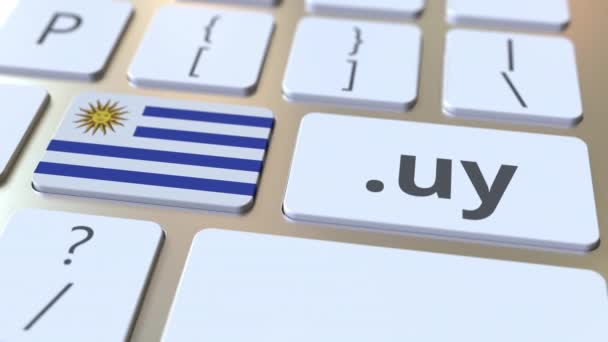 Uruguayan domain .uy and flag of Uruguay on the buttons on the computer keyboard. National internet related 3D animation — Stock Video