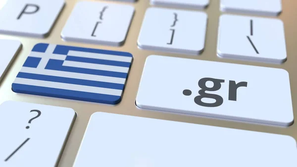 Greek domain .gr and flag of Greece on the buttons on the computer keyboard. National internet related 3D rendering — Φωτογραφία Αρχείου