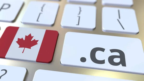 加拿大域名.ca，并在计算机键盘上的按钮上标注加拿大国旗。 与互联网有关的国家3D渲染 — 图库照片