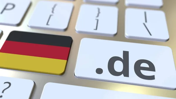 Dominio alemán .de y bandera de Alemania en los botones del teclado del ordenador. Renderizado 3D nacional relacionado con Internet — Foto de Stock