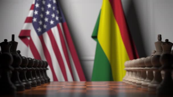 Banderas de EE.UU. y Bolivia detrás de peones en el tablero de ajedrez. Juego de ajedrez o rivalidad política relacionada con la animación 3D — Vídeos de Stock