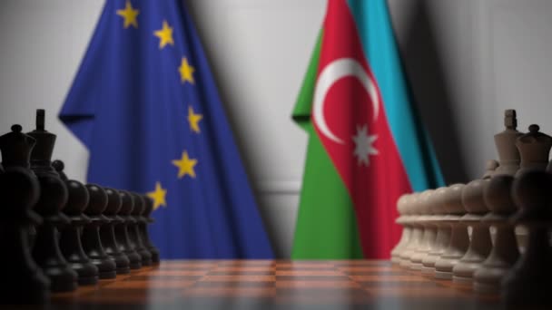 Flaggor i Europa och Azerbajdzjan bakom brickor på schackbrädet. Schackspel eller politisk rivalitet relaterad 3D-animation — Stockvideo