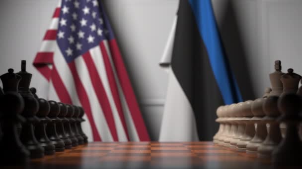 Drapeaux des États-Unis et de l'Estonie derrière pions sur l'échiquier. Jeu d'échecs ou rivalité politique liée à l'animation 3D — Video