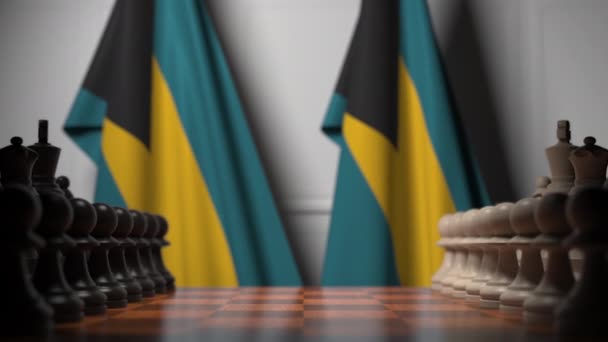 Juego de ajedrez contra banderas de Bahamas. Competencia política relacionada con la animación 3D — Vídeos de Stock