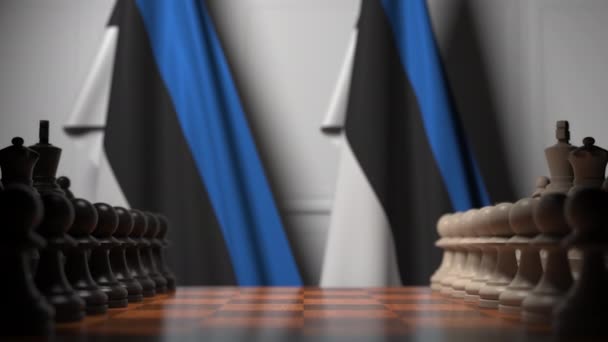 Juego de ajedrez contra las banderas de Estonia. Competencia política relacionada con la animación 3D — Vídeo de stock