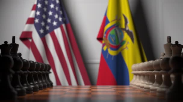 Flaggen der USA und Ecuadors hinter Bauern auf dem Schachbrett. Schachspiel oder politische Rivalität im Zusammenhang mit 3D-Animation — Stockvideo