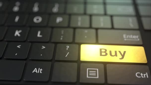 Černá počítačová klávesnice a zlatá koupit klíč. Koncepční 3D animace — Stock video