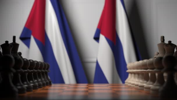 Jeu d'échecs contre les drapeaux de Cuba. Animation 3D liée à la compétition politique — Video