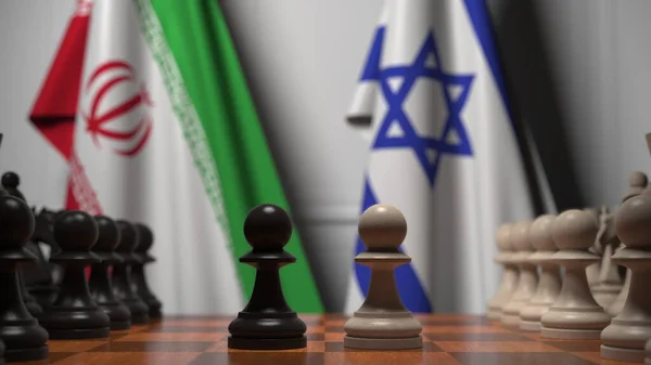 Banderas de Irán e Israel detrás de peones en el tablero de ajedrez. Juego de ajedrez o rivalidad política relacionada con la representación 3D —  Fotos de Stock