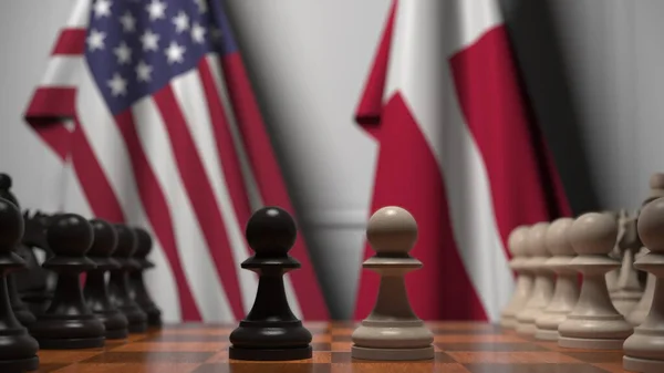 Az USA és Dánia zászlói gyalogok mögött a sakktáblán. Sakk játék vagy politikai rivalizálás kapcsolódó 3d renderelés — Stock Fotó