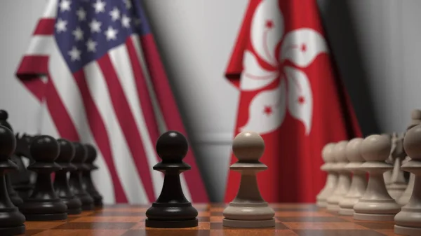 Прапори Уси і Гонконгу за пішаками на шаховій дошці. Шахова гра або політичне суперництво пов'язують 3d рендеринг — стокове фото