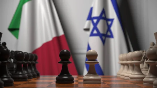 Olaszország és Izrael zászlói gyalogok mögött a sakktáblán. Sakk játék vagy politikai rivalizálás kapcsolódó 3d renderelés — Stock Fotó