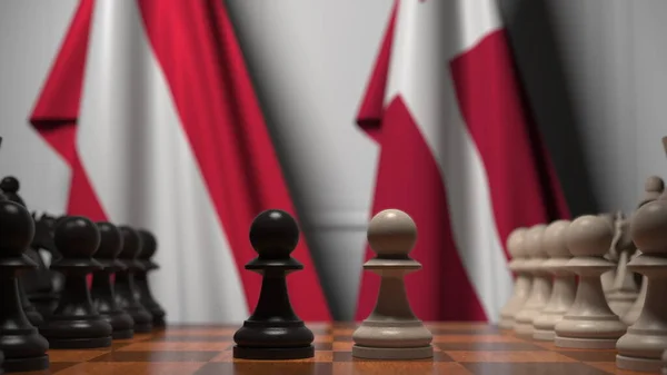 Drapeaux de l'Autriche et du Danemark derrière des pions sur l'échiquier. Jeu d'échecs ou rivalité politique liée au rendu 3D — Photo