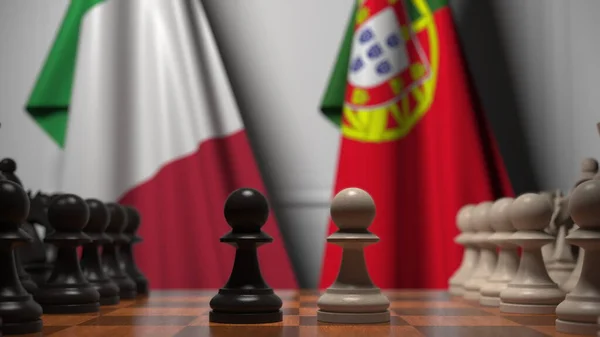Σημαίες της Ιταλίας και της Πορτογαλίας πίσω από πιόνια στη σκακιέρα. Σκάκι παιχνίδι ή πολιτική αντιπαλότητα που σχετίζονται 3d απόδοση — Φωτογραφία Αρχείου