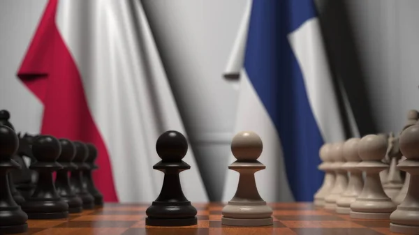 폴란드 와 핀란드의 국기가 체스 판의 졸 뒤에 걸려 있습니다. 체스 게임이나 정치적 라이벌은 3D 렌더링 과 관련 이 있다. — 스톡 사진