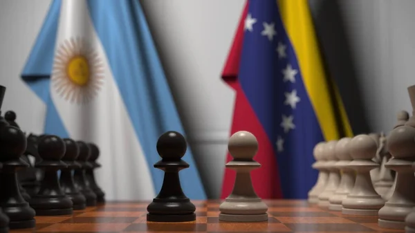 Bandeiras da Argentina e Venezuela atrás de peões no tabuleiro de xadrez. Jogo de xadrez ou rivalidade política relacionada com a renderização 3D — Fotografia de Stock