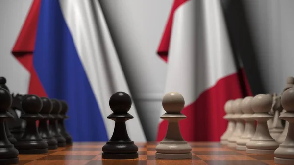 체스 판의 졸 뒤에 러시아와 페루의 깃발. 체스 게임이나 정치적 라이벌은 3D 렌더링 과 관련 이 있다. — 스톡 사진