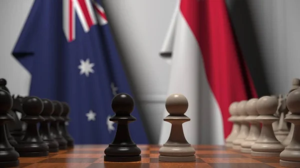 Bandiere di Australia e Singapore dietro pedoni sulla scacchiera. Rendering 3D relativo alla partita a scacchi o alla rivalità politica — Foto Stock