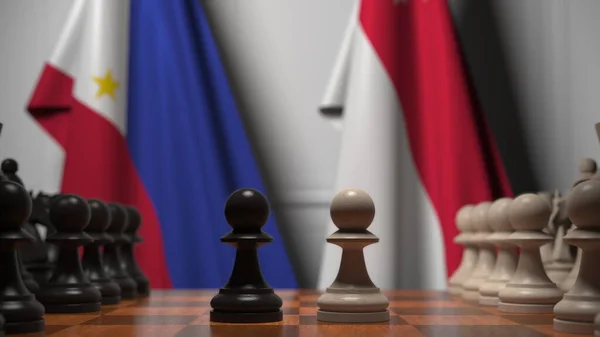 Filippinernas och Singapores flaggor bakom brickor på schackbrädet. Schackspel eller politisk rivalitet relaterad till 3D-rendering — Stockfoto