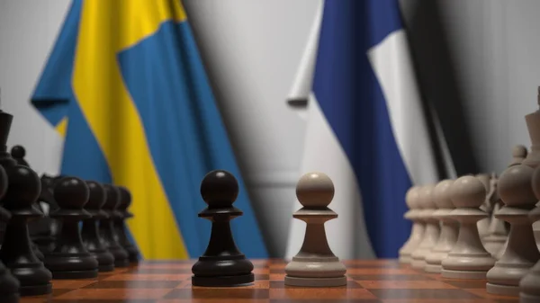 Sveriges och Finlands flaggor bakom spelbrickor på schackbrädet. Schackspel eller politisk rivalitet relaterad till 3D-rendering — Stockfoto