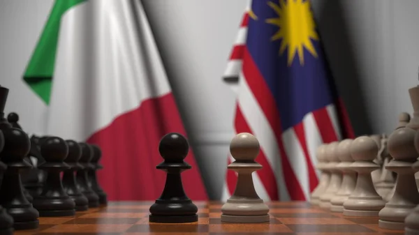 Flaggen von Italien und Malaysia hinter Bauern auf dem Schachbrett. Schachspiel oder politische Rivalität im Zusammenhang mit 3D-Darstellung — Stockfoto