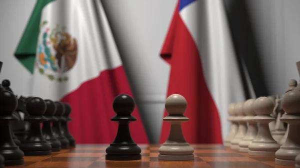 Σημαίες του Μεξικού και της Χιλής πίσω από πιόνια στη σκακιέρα. Σκάκι παιχνίδι ή πολιτική αντιπαλότητα που σχετίζονται 3d απόδοση — Φωτογραφία Αρχείου