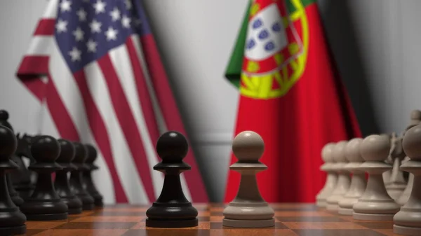 Прапори Уси і Португалії за пішаками на шаховій дошці. Шахова гра або політичне суперництво пов'язують 3d рендеринг — стокове фото