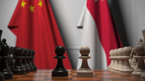 チェスボード上の質屋の後ろに中国とシンガポールの旗。チェスゲームや政治的ライバル関係の3Dレンダリング — ストック写真