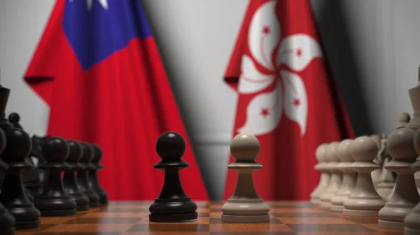 Bandiere della Thailandia e di Hong Kong dietro pedoni sulla scacchiera. Rendering 3D relativo alla partita a scacchi o alla rivalità politica — Foto Stock