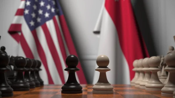 Az USA és Szingapúr zászlói gyalogok mögött a sakktáblán. Sakk játék vagy politikai rivalizálás kapcsolódó 3d renderelés — Stock Fotó