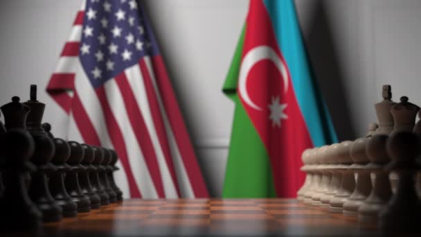 棋盘上的棋子后面挂着乌萨和阿塞拜疆的旗帜。 棋类游戏或政治竞争相关3D动画 — 图库视频影像