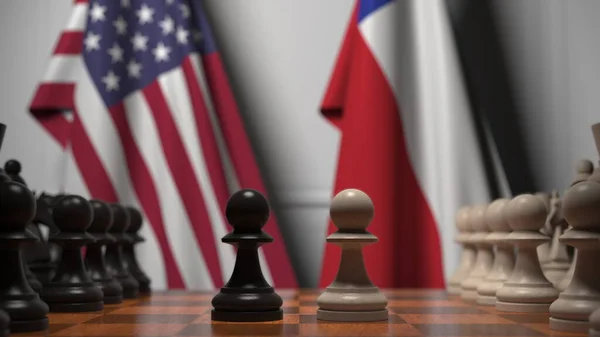 チェスボード上の質屋の後ろにアメリカとチリの旗。チェスゲームや政治的ライバル関係の3Dレンダリング — ストック写真
