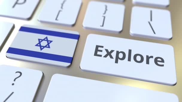 探索键盘按钮上的单词和以色列国旗。 3D动画 — 图库视频影像