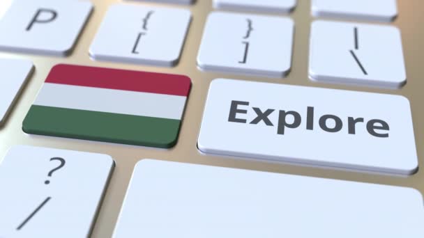 EXPLORE word and national flag of Hungary on the buttons of the keyboard. 3D animation — Stock Video