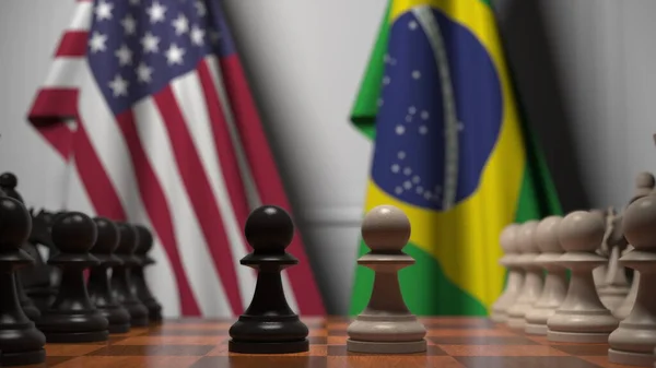 Sakk játék az USA és Brazília zászlói ellen. Politikai versennyel kapcsolatos 3d tetemeltakarítás — Stock Fotó