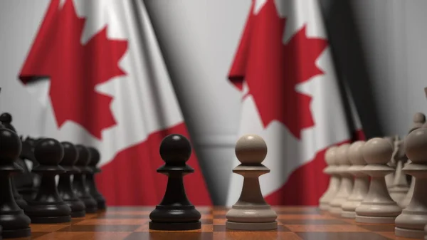 Kanada bayraklarına karşı satranç oyunu. Siyasi rekabet 3D oluşturma — Stok fotoğraf