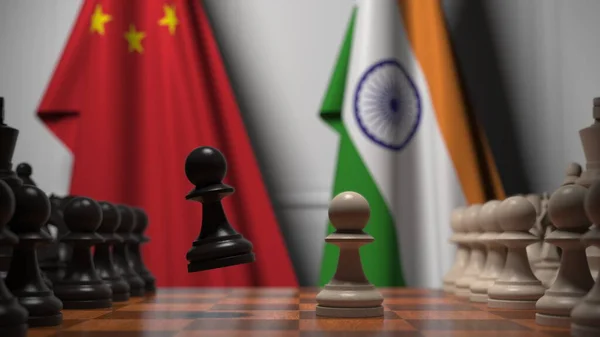 Jeu d'échecs contre les drapeaux de Chine et d'Inde. Compétition politique liée au rendu 3D — Photo