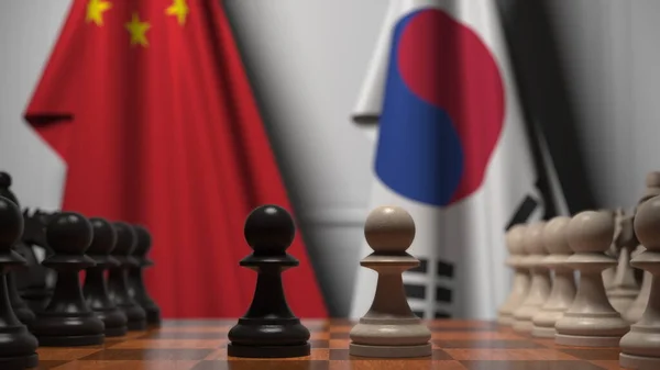 체스 경기 중국 과 한국의 깃발에 대고. 3 차원 렌더링 과 관련된 정치적 경쟁 — 스톡 사진