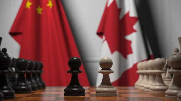 Schaakspel tegen vlaggen van China en Canada. Politieke concurrentie in verband met 3d rendering — Stockfoto