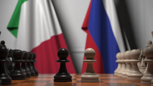 Sakk játék ellen zászlók Olaszország és Oroszország. Politikai versennyel kapcsolatos 3d tetemeltakarítás — Stock Fotó