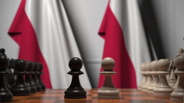 Bandeiras da Polónia atrás de peões no tabuleiro de xadrez. Jogo de xadrez ou rivalidade política relacionada com a renderização 3D — Fotografia de Stock