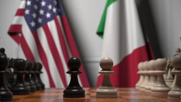 Sakk játék ellen zászlók az USA-ban és Olaszországban. Politikai versennyel kapcsolatos 3d tetemeltakarítás — Stock Fotó